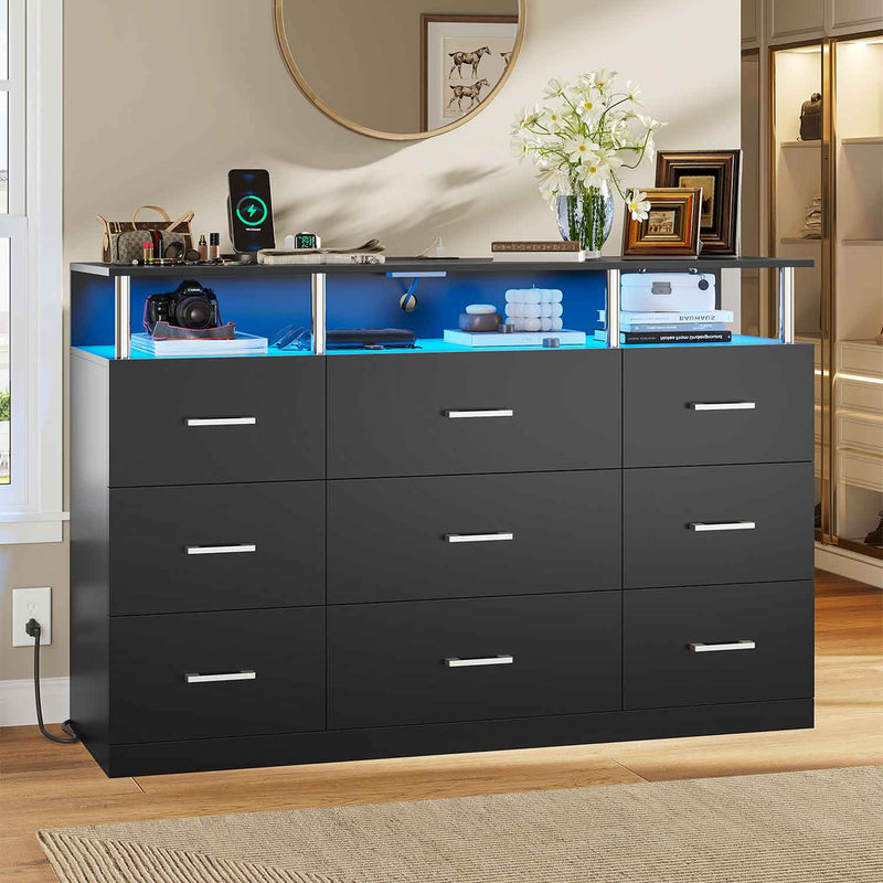 Sikaic Dresser 9 Drawers Led Wide Dresser with Column Design & Charging Station Black Black