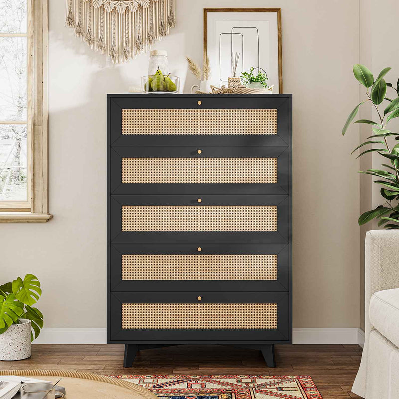 Sikaic Dresser Wooden Tall Dresser with 5 Natural Rattan Drawers and Gold Handles for Nursery Entryway Living Room Black Black / Engineered Wood / Bohemian