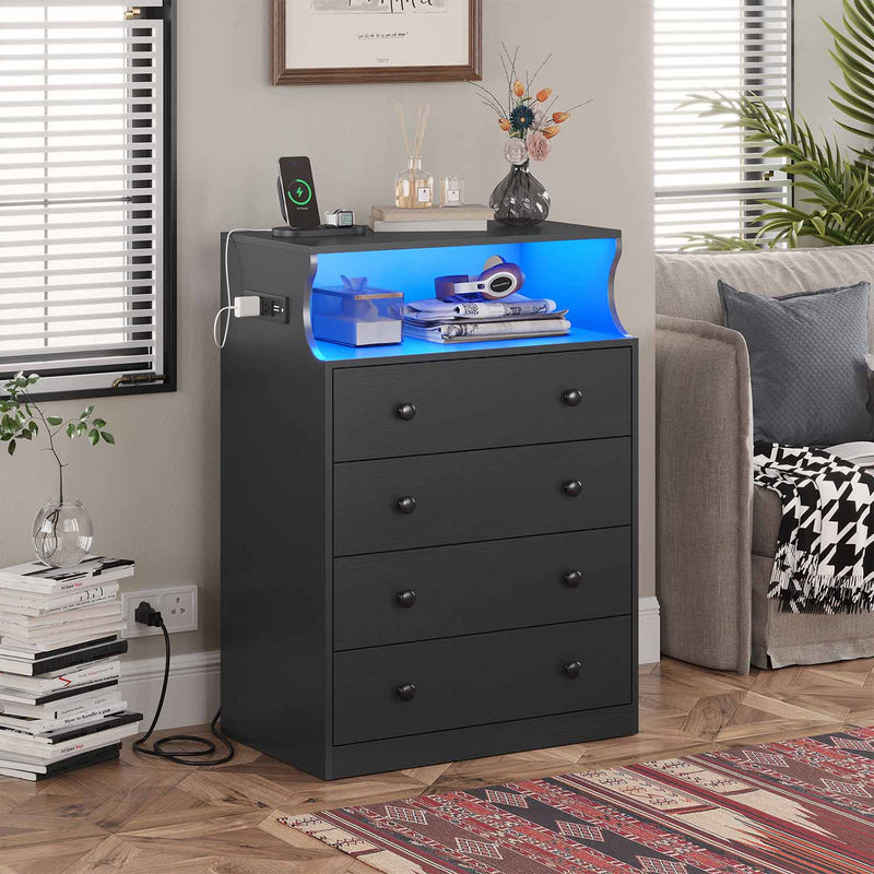 Sikaic Dresser 4 Drawers LED Dresser with Charging Station and Open Space Large Capacity Tall Storage Cabinet Black