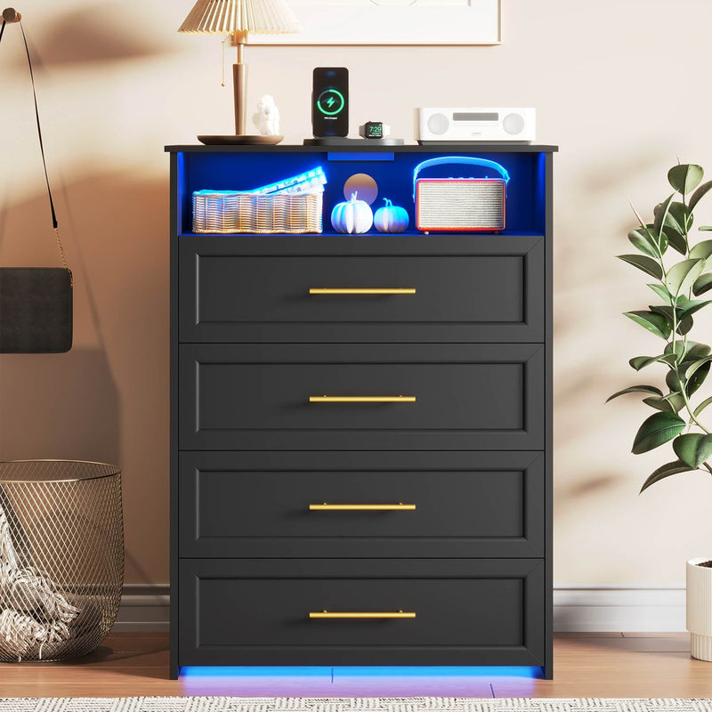 Sikaic Dresser 4 Drawers LED Lights Dresser with Charging Station Wide Storage Open Storage Cubby Black