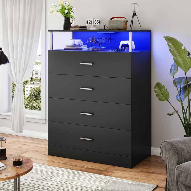 Sikaic Dresser 4 Drawers Led Tall Dresser with Charging Station for Bedroom Closet Black