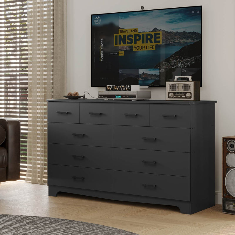 Sikaic Dresser 55.1 Inches 10 Drawers Modern Long Dresser with Power Outlets and Ample Storage Organizer for Bedroom Black