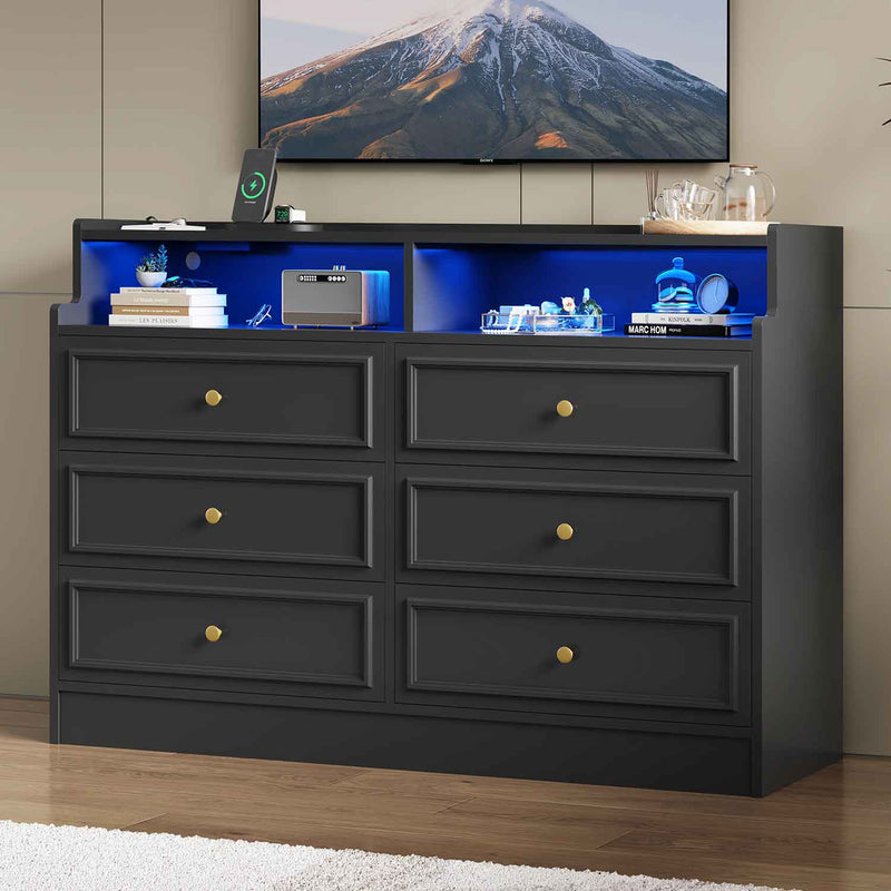 Sikaic Dresser 6 Drawers Dresser With Charging Station And LED Lights Black Black / Engineered Wood / Modern