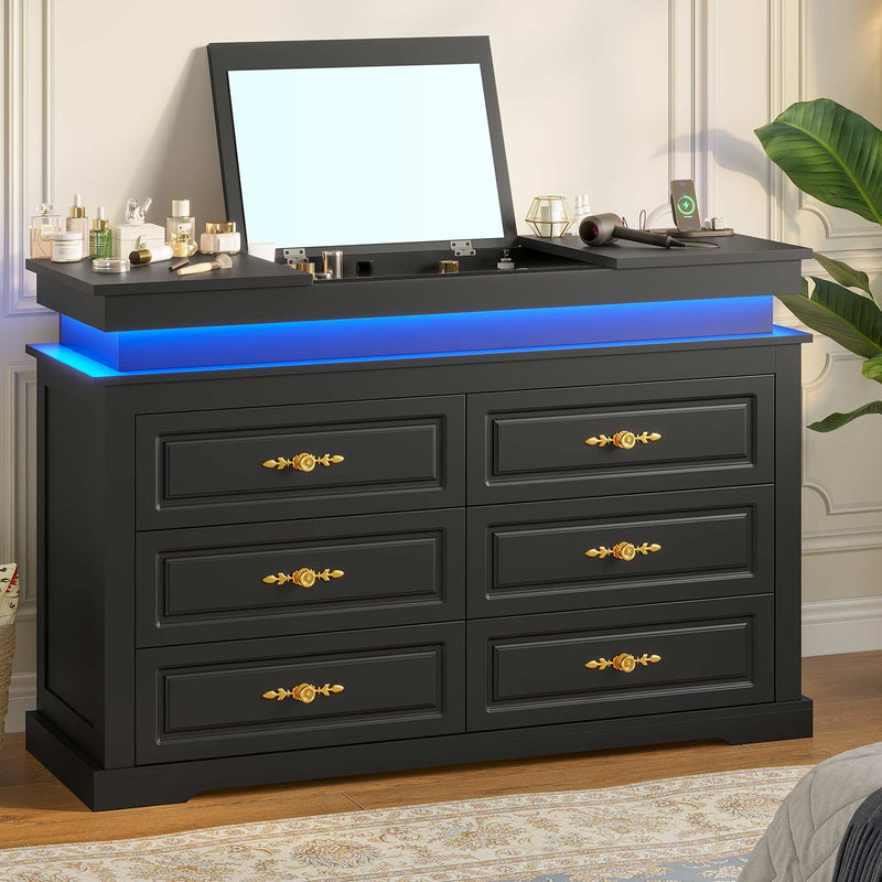 Sikaic Dresser 6 Drawers Dresser with Mirror & Charging Station and LED Lights Black