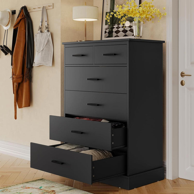 Sikaic Dresser 6 Drawers Dresser Wood Large Capacity Storage Cabinet Tower Clothes Organizer Black