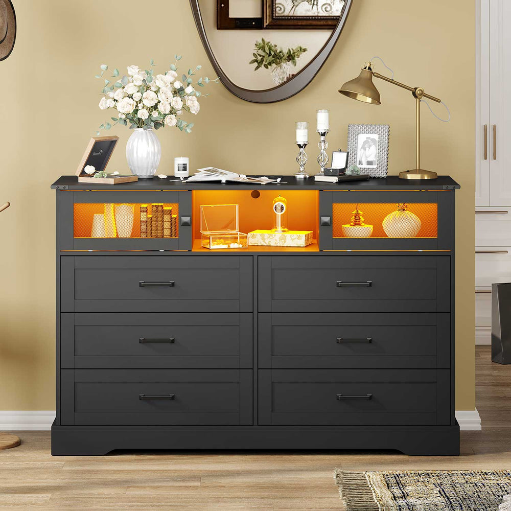 Sikaic Dresser 6 Drawers LED Dresser with Charging Station and 2 Sliding Doors for Bedroom Black Black / Engineered Wood / Modern