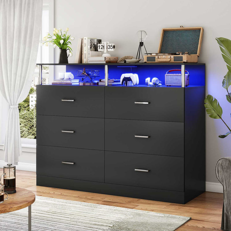 Sikaic Dresser 6 Drawers Led Wide Dresser with Column Design & Charging Station Black