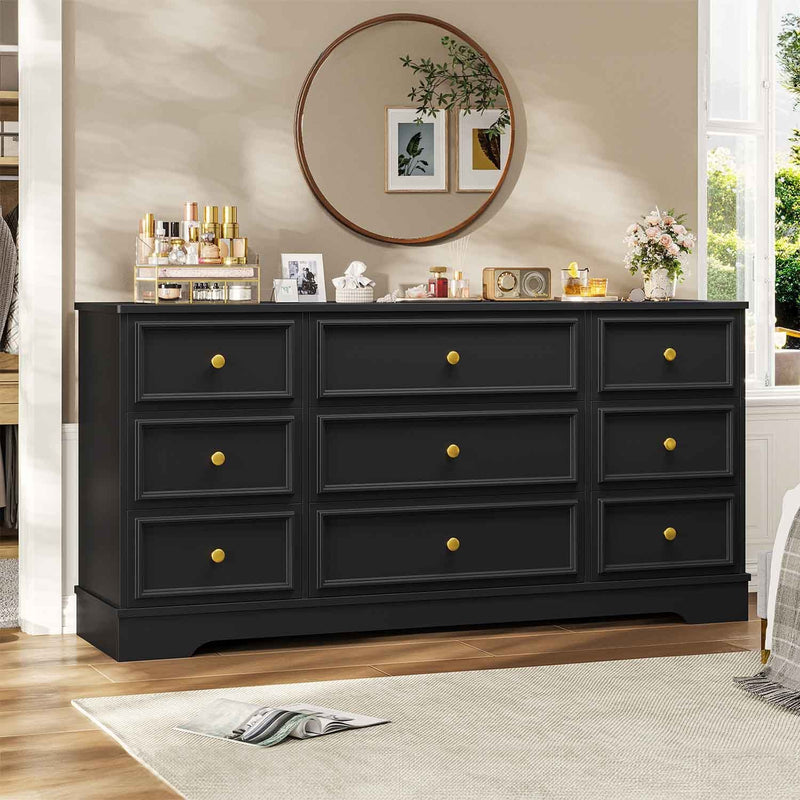 Sikaic Dresser 61.4 Inches Long Modern Dresser with 9 Large Capacity Storage Drawers Black Black / Engineered Wood / Modern