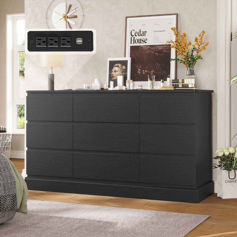 Sikaic Dresser 61.4" Wide Dresser Chest of Drawers with Large Capacity Storage and Power Outlets Black Black / Engineered Wood / Modern