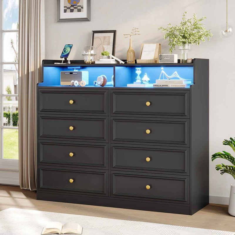 Sikaic Dresser 8 Large Capacity Storage Drawers Dresser with Charging Station and LED Black Black / Engineered Wood / Modern