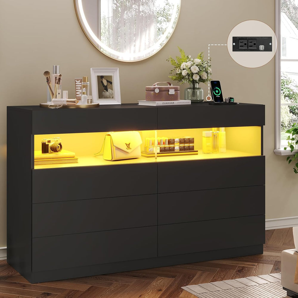 Sikaic Dresser Black Dresser for Bedroom with LED Lights Charging Station Modern Double Wide Drawer Organizer Cabinet