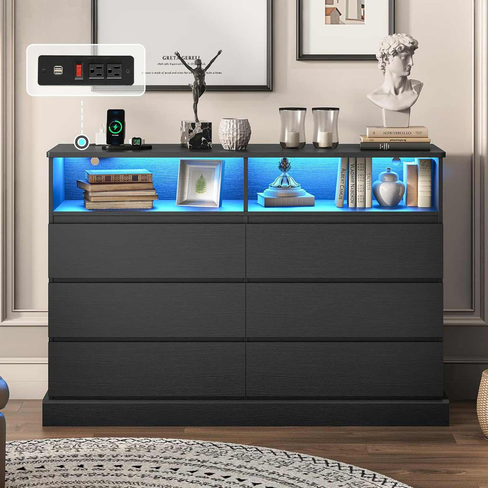 Sikaic Dresser Dresser for Bedroom with LED Lights and Charging Station Black