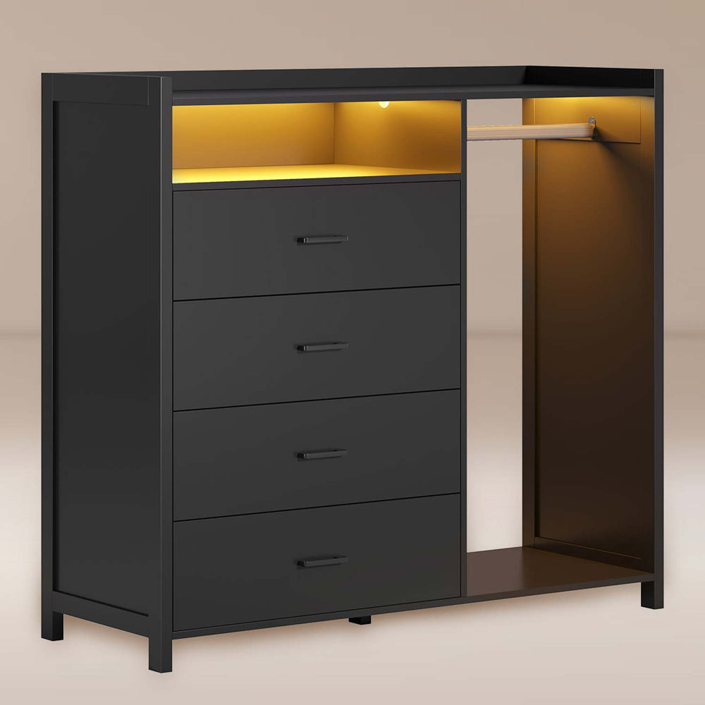 Sikaic Dresser Dresser with 4 Drawers LED Lights Black Black / Engineered Wood / Modern