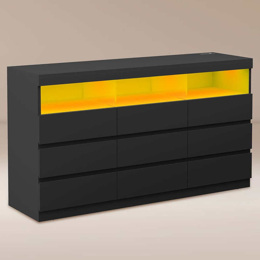 Sikaic Dresser Dresser with 9 No-Handle Drawers LED Lights Black Black / Engineered Wood / Modern