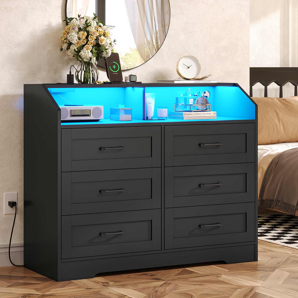 Sikaic Dresser LED 6 Drawers Dresser with Charging Station Open Space Large Capacity Storage Cabinet Black