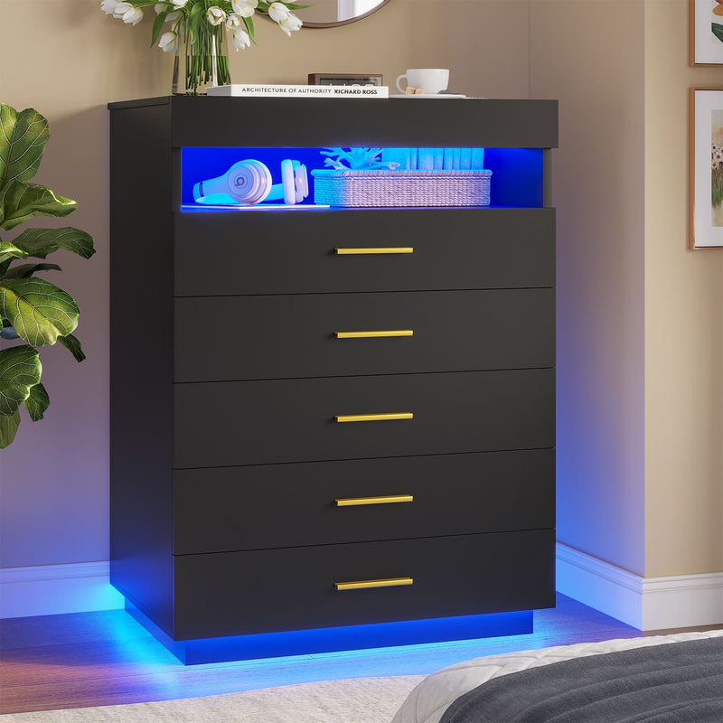 Sikaic Dresser Modern Floating Black Dresser Chest of 5 Drawers with Pull-Out Shelf and Open Storage & LED Lights