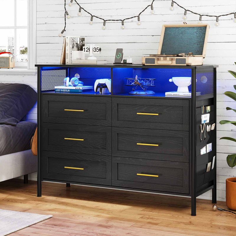 Sikaic Dresser Modern Led Wide Wood Dresser with Charging Station and 6 Drawers & Cloth Pocket for Bedroom Black Black / Engineered Wood / Modern