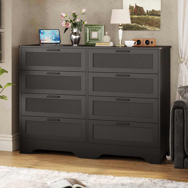 Sikaic Dresser Wooden Large Capacity Storage Dresser of Drawers with Woven Leather Design for Living Room Hallway Black