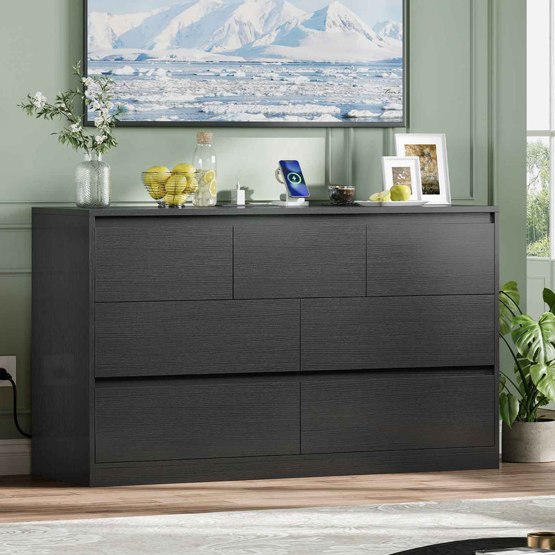 Sikaic Dresser 47.2” Inches Modern Long Dresser With 7 Handle-Free Drawers Black Black / Modern / Engineered Wood