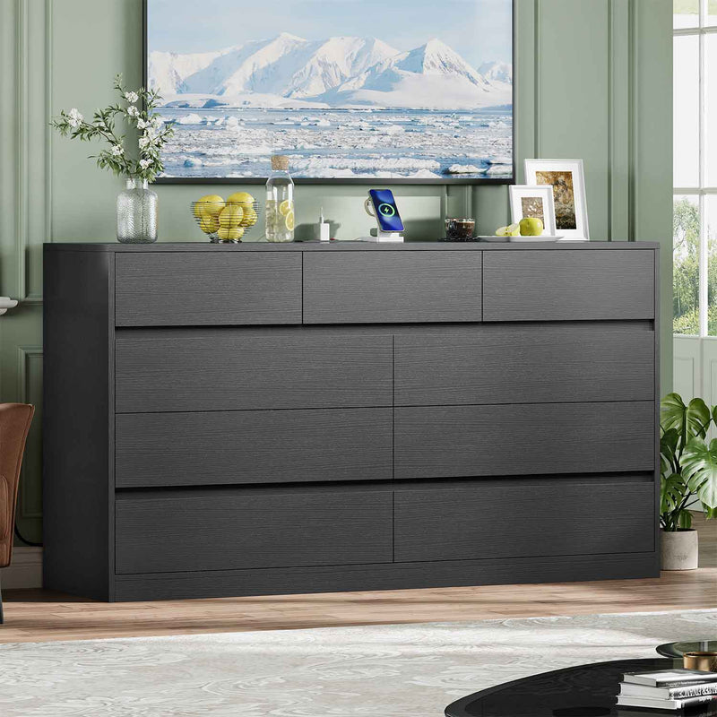 Sikaic Dresser 55.1” Inches LED Modern Dresser With 9 Handle-Free Drawers Black Black / Modern / Engineered Wood