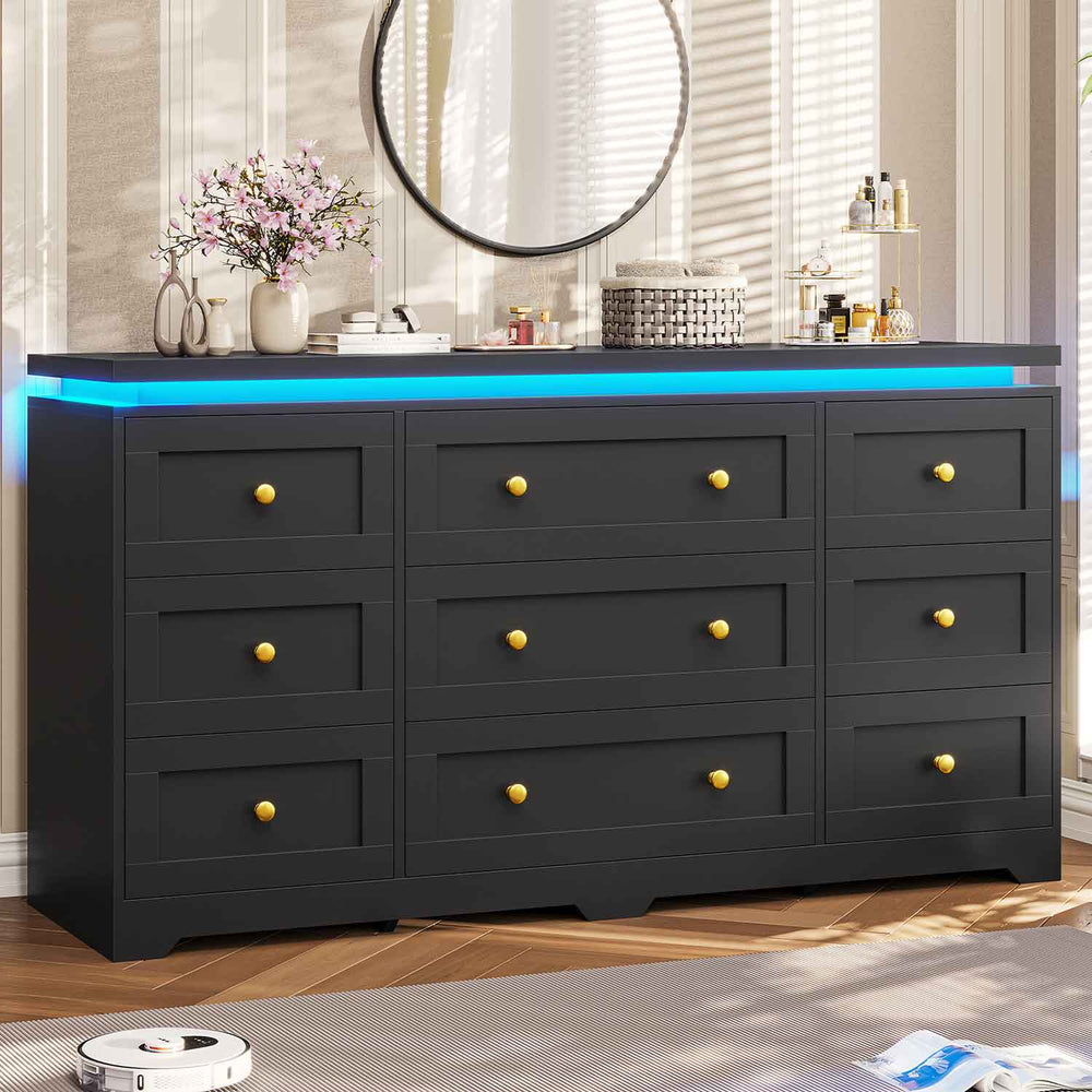 Sikaic Dresser 55.1" Inches LED Modern Wide Dresser With 9 Drawers Black Black / Modern / Engineered Wood