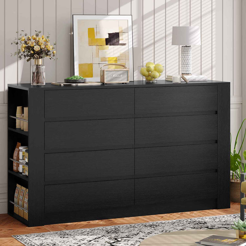 Sikaic Dresser 55.1" Inches Modern Dresser With 8 Handle-Free Drawers & Side Storage Shelves Black Black / Modern / Engineered Wood