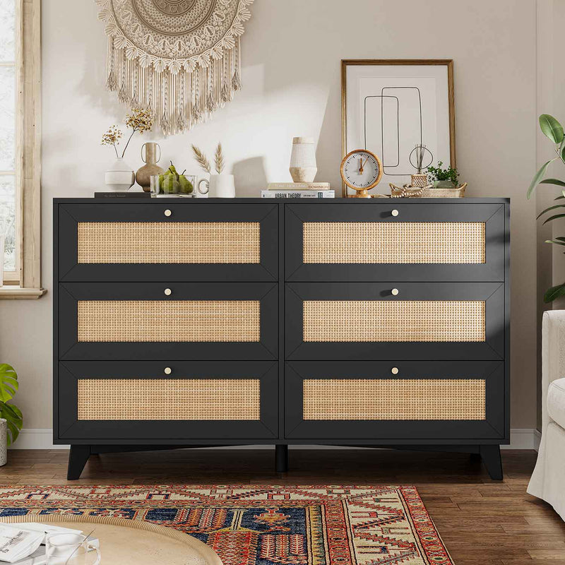 Sikaic Dresser 6 Drawers Black Rattan Wooden Wide Dresser with Gold Handles for Nursery Entryway Living Room Black / Rattan Wooden / Bohemian