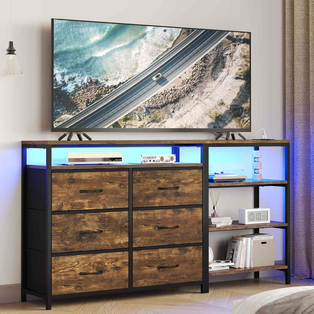 Sikaic Dresser Corner L Shaped LED TV Stand Convertible Dresser with Charging Station and Open Shelf & PU Finish Drawers for Living Room Brown Brown / Engineered Wood / Modern