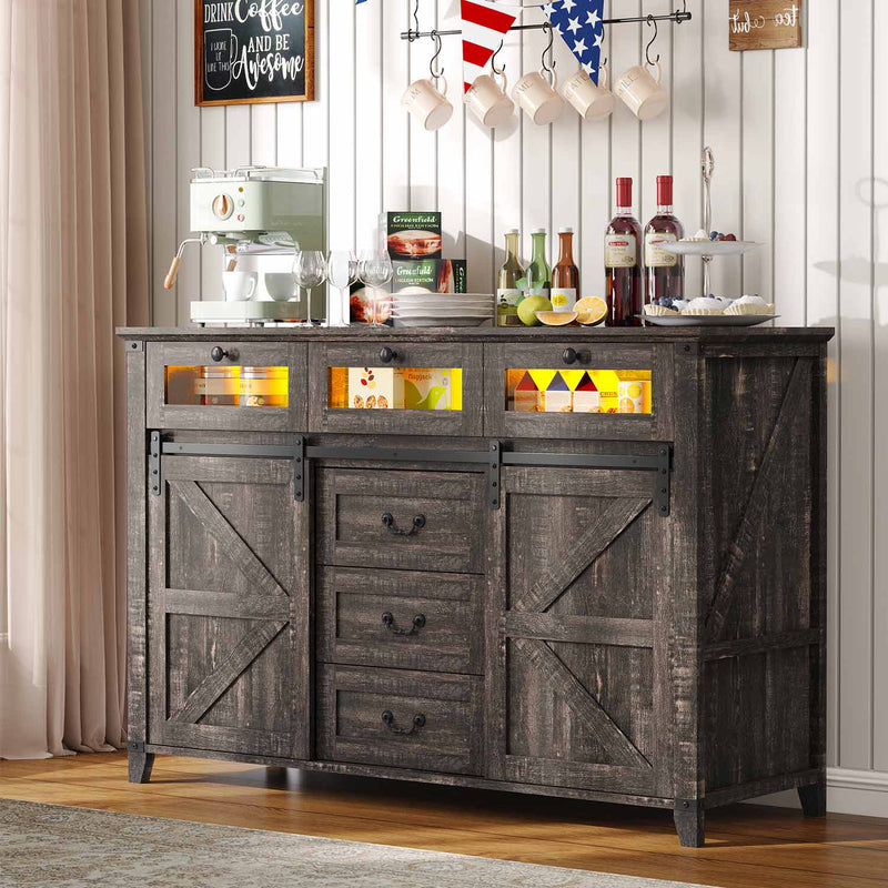 Sikaic Dresser Farmhouse 6 Drawers Dresser with LED Lights Sliding Barn Doors & Adjustable Shelf for Living Room Dark Walnut