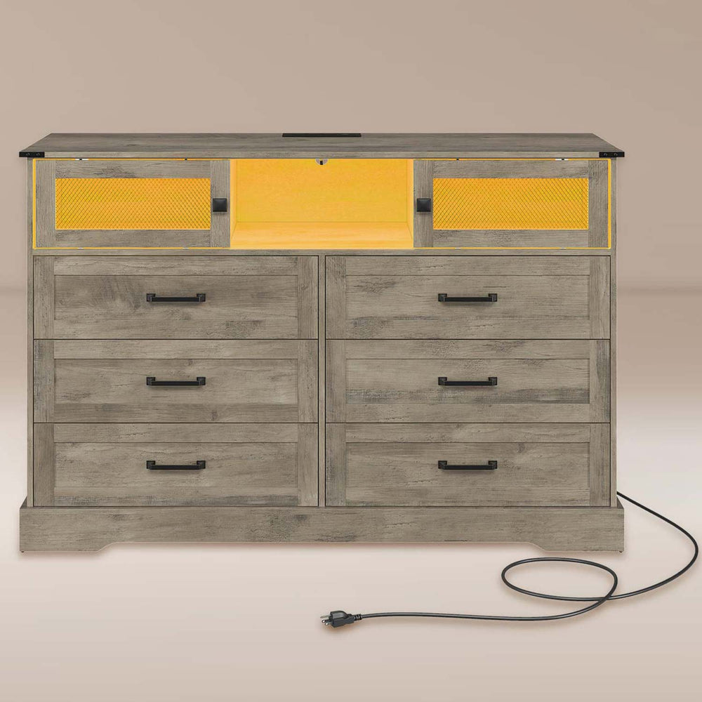 Sikaic Dresser LED Dresser with 6 Drawers Power Outlets Rustic Oak Grey / Farmhouse