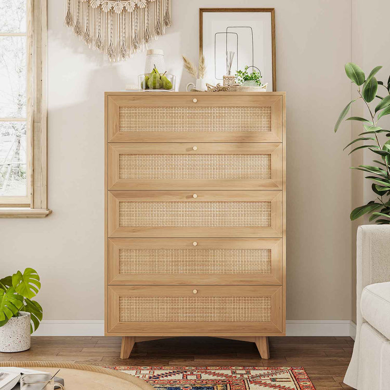 Sikaic Dresser Wooden Tall Dresser with 5 Natural Rattan Drawers and Gold Handles for Nursery Entryway Living Room Natural / Engineered Wood / Bohemian