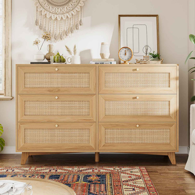 Sikaic Dresser 6 Drawers Rattan Wooden Wide Dresser with Gold Handles for Nursery Entryway Living Room Natural / Rattan Wooden / Bohemian