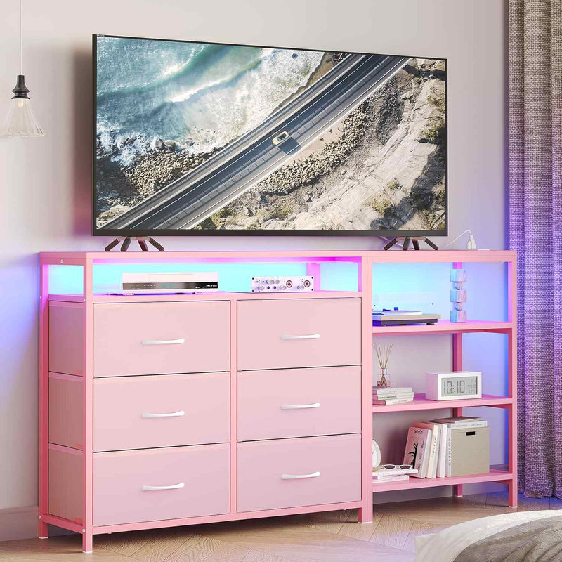 Sikaic Dresser Corner L Shaped LED TV Stand Convertible Dresser with Charging Station and Open Shelf & PU Finish Drawers for Living Room Pink Pink / Engineered Wood / Modern