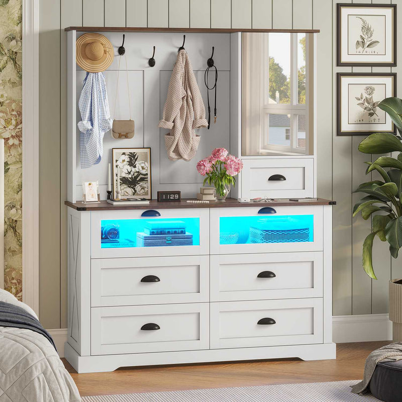 Sikaic Dresser Farmhouse 6 Drawers Tall LED Dresser with Coat Hooks & Mirror Cabinet Dark Walnut White