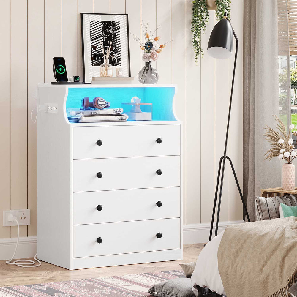 Sikaic Dresser 4 Drawers LED Dresser with Charging Station and Open Space Large Capacity Tall Storage Cabinet White