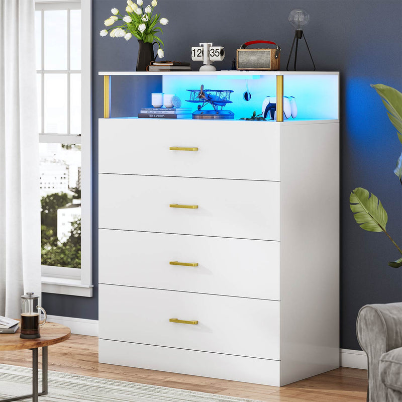 Sikaic Dresser 4 Drawers Led Tall Dresser with Charging Station for Bedroom Closet White