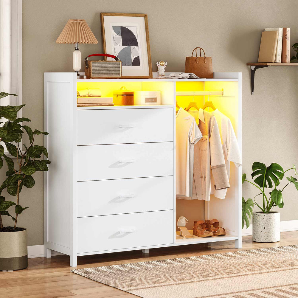 Sikaic Dresser 4 Drawers Long LED Lights Dresser with A Clothes Rack & Anti-Toppling Measures White