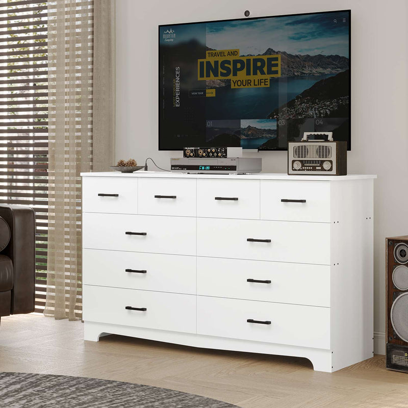 Sikaic Dresser 55.1 Inches 10 Drawers Modern Long Dresser with Power Outlets and Ample Storage Organizer for Bedroom White