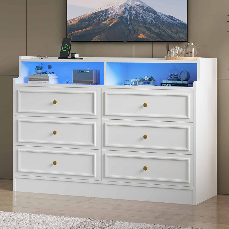 Sikaic Dresser 6 Drawers Dresser With Charging Station And LED Lights White White / Engineered Wood / Modern