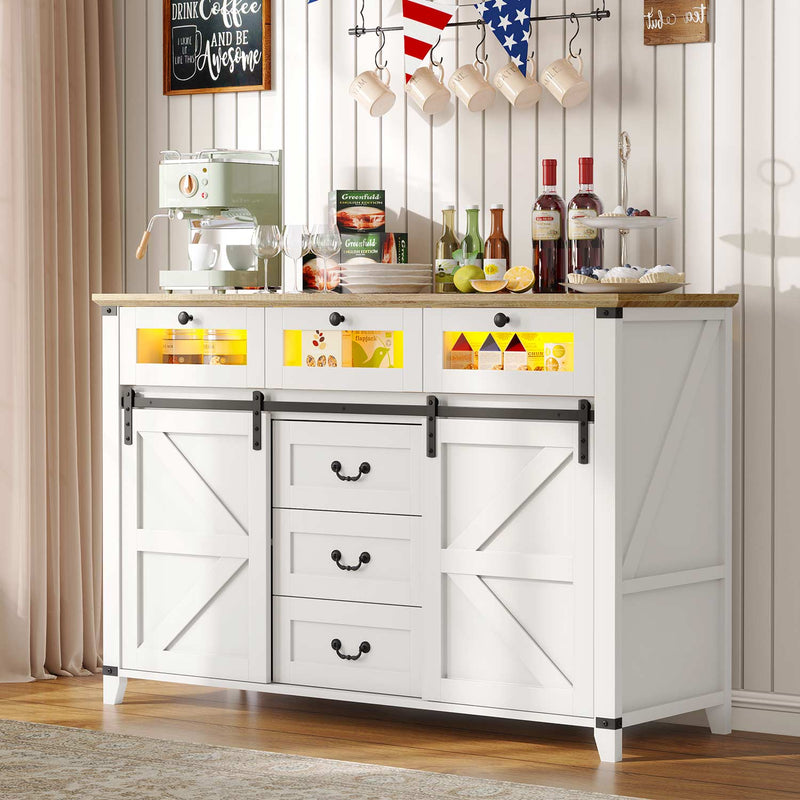 Sikaic Dresser 6 Drawers Dresser with LED Lights Sliding Barn Doors & Adjustable Shelf for Living Room White