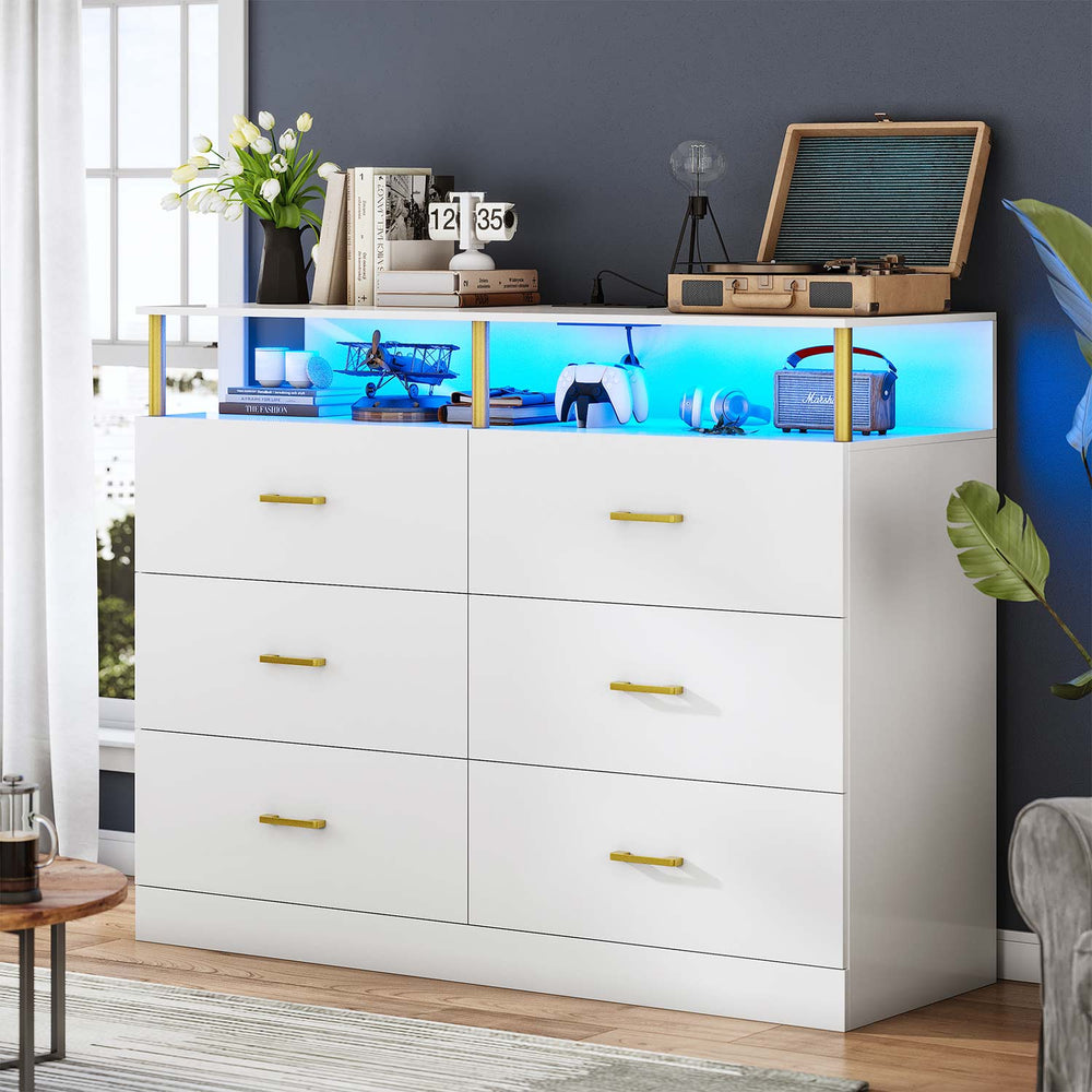 Sikaic Dresser 6 Drawers Led Wide Dresser with Column Design & Charging Station White