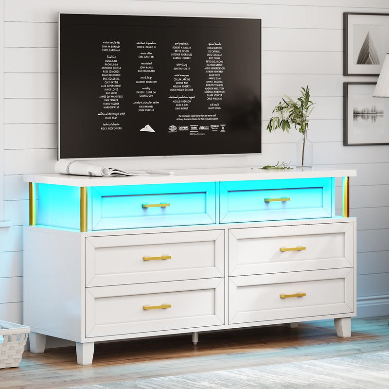 Sikaic Dresser 6 Drawers Wide Led Dresser with Chests of Drawers & Column Design White