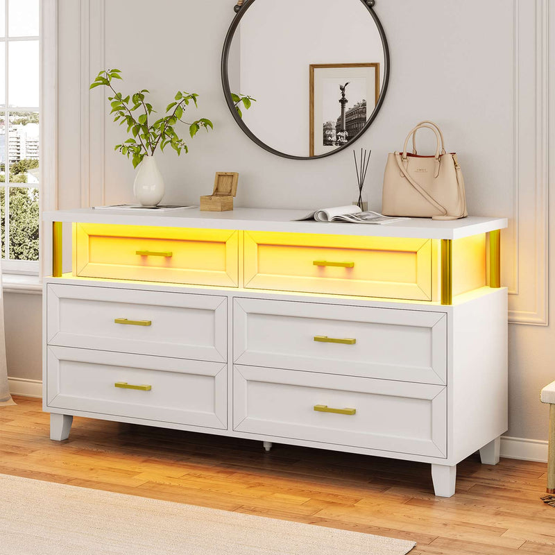 Sikaic Dresser 6 Drawers Wide Led Dresser with Chests of Drawers & Column Design White