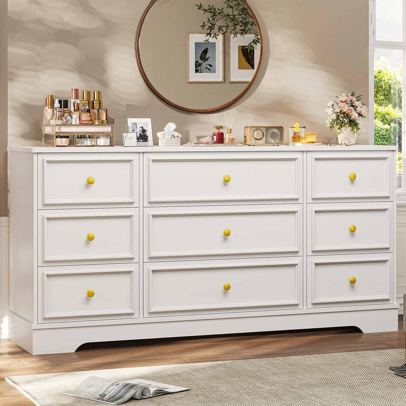 Sikaic Dresser 61.4 Inches Long Modern Dresser with 9 Large Capacity Storage Drawers White White / Engineered Wood / Modern