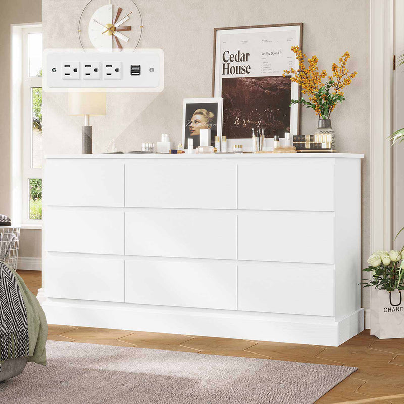 Sikaic Dresser 61.4" Wide Dresser Chest of Drawers with Large Capacity Storage and Power Outlets White White / Engineered Wood / Modern