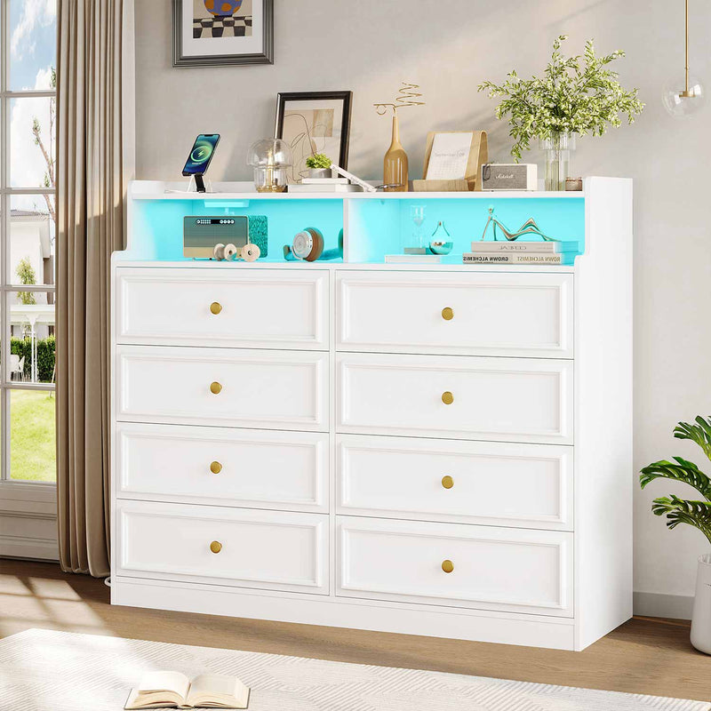 Sikaic Dresser 8 Large Capacity Storage Drawers Dresser with Charging Station and LED White White / Engineered Wood / Modern