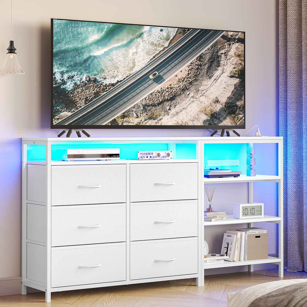 Sikaic Dresser Corner L Shaped LED TV Stand Convertible Dresser with Charging Station and Open Shelf & PU Finish Drawers for Living Room White White / Engineered Wood / Modern