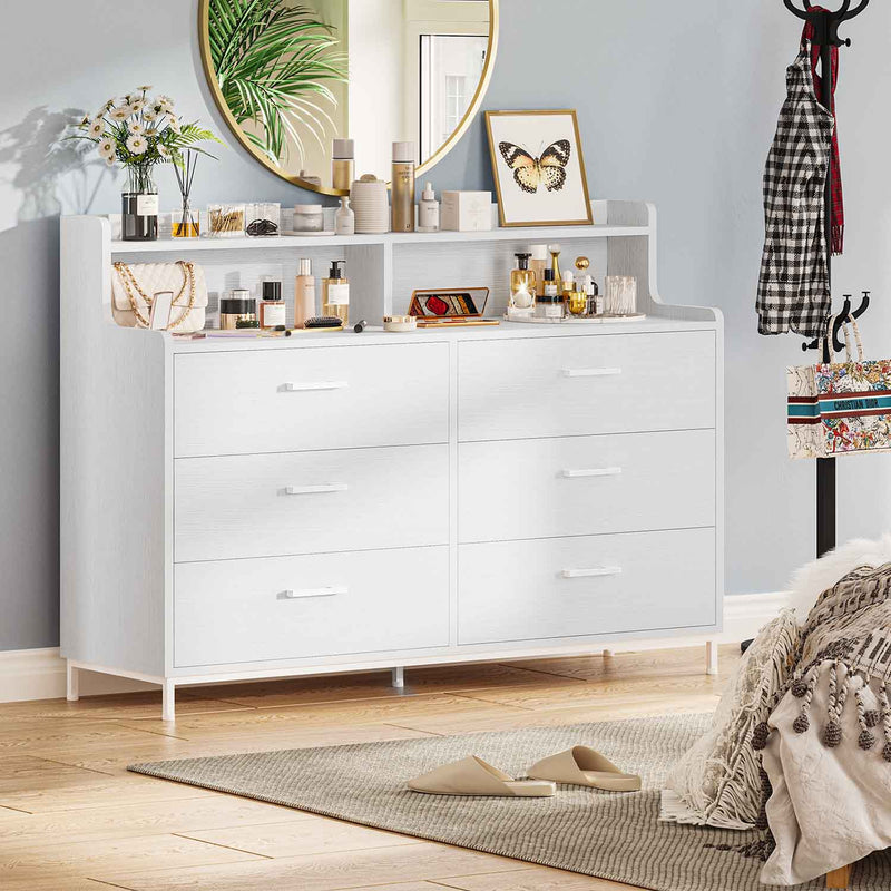 Sikaic Dresser Double Large Dresser with Shelves Wide Chest of 6 Drawers White