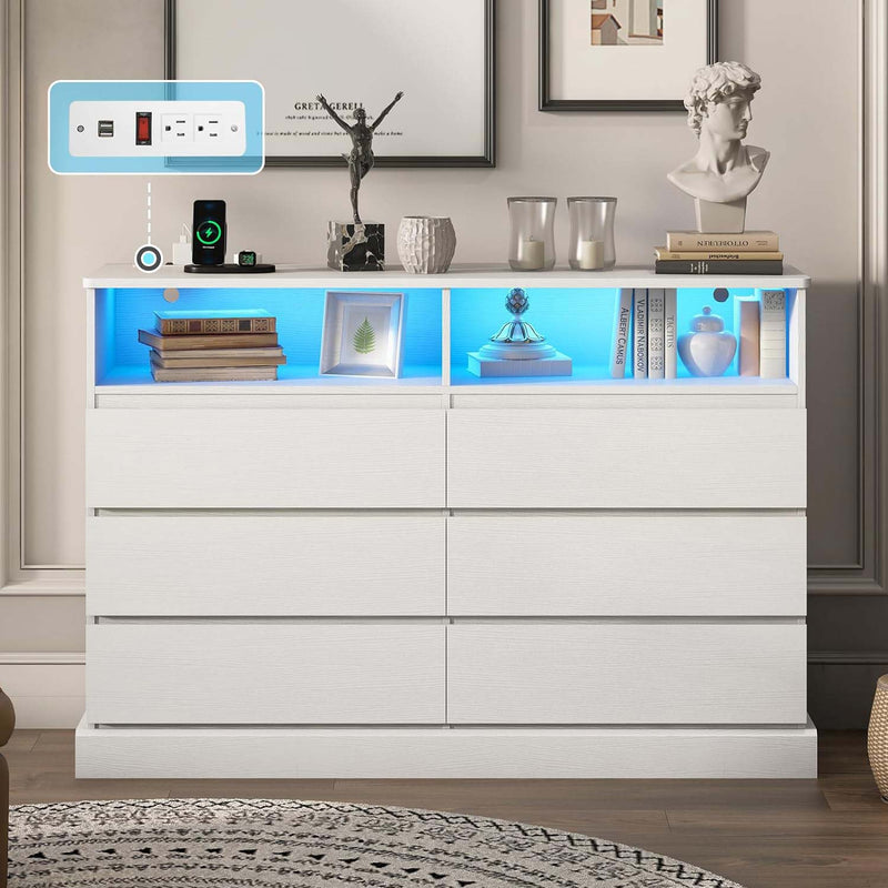 Sikaic Dresser Dresser for Bedroom with LED Lights and Charging Station White