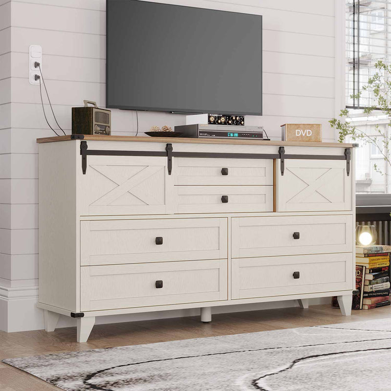 Sikaic Dresser Farmhouse 6 Drawers Long Storage Dresser with Sliding Barn Door  for Bedroom White White / Engineered Wood / Modern